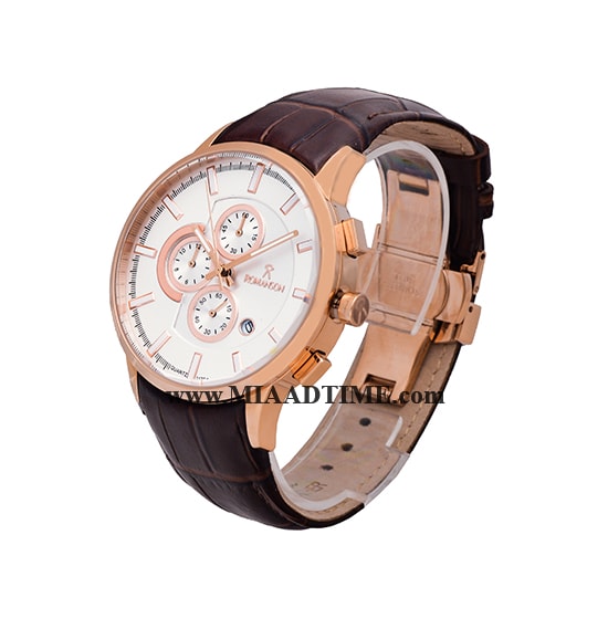 ساعت مچی رومانسون مردانه کرنوگراف گرد چرمی رزگلد صفحه سفید کد 16254 ساعت مچی مردانه